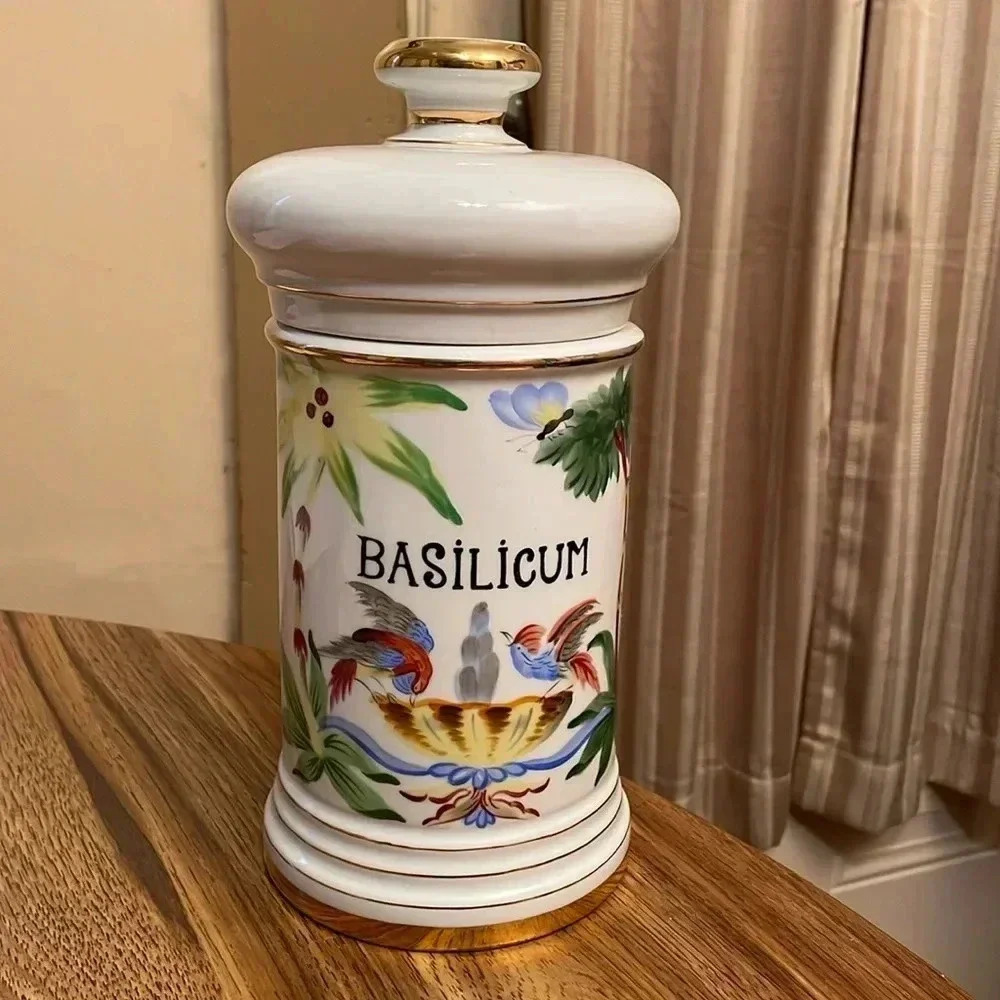 Antique pharmacy pot, apothecary, marked “basilicum”, gold trim with lid, isca
